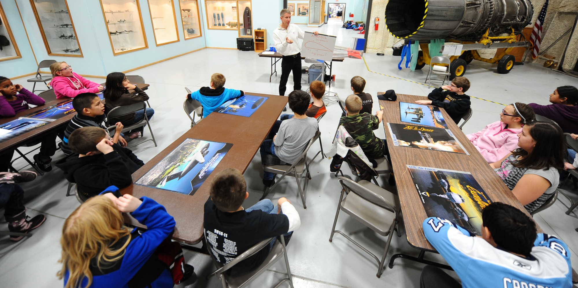 Carl Engwall, South Dakota Air and Space Museum director, teaches fifth graders about Bernoulli’s Principle during their STARBASE visit at the South Dakota Air and Space Museum, Feb. 11, 2011. Mr. Engwall explains to the class how the principle describes how aircrafts move through the air. (U.S. Air Force photo/Senior Airman Kasey Close)
