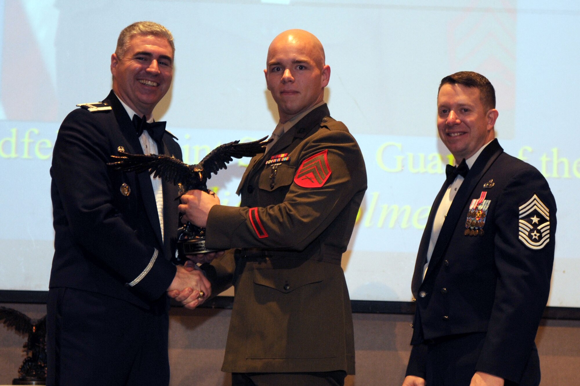 GOODFELLOW AIR FORCE BASE, Texas - Marine Sgt. William Dolmer, Marine Corps Detachment, receives the Team Goodfellow Joint Service Color Guard Member of the Year Award during the Annual Awards ceremony at the McNease Convention Center, San Angelo, Feb. 11, 2011. (U.S. Air Force photo/Staff Sgt. Heather Rodgers)