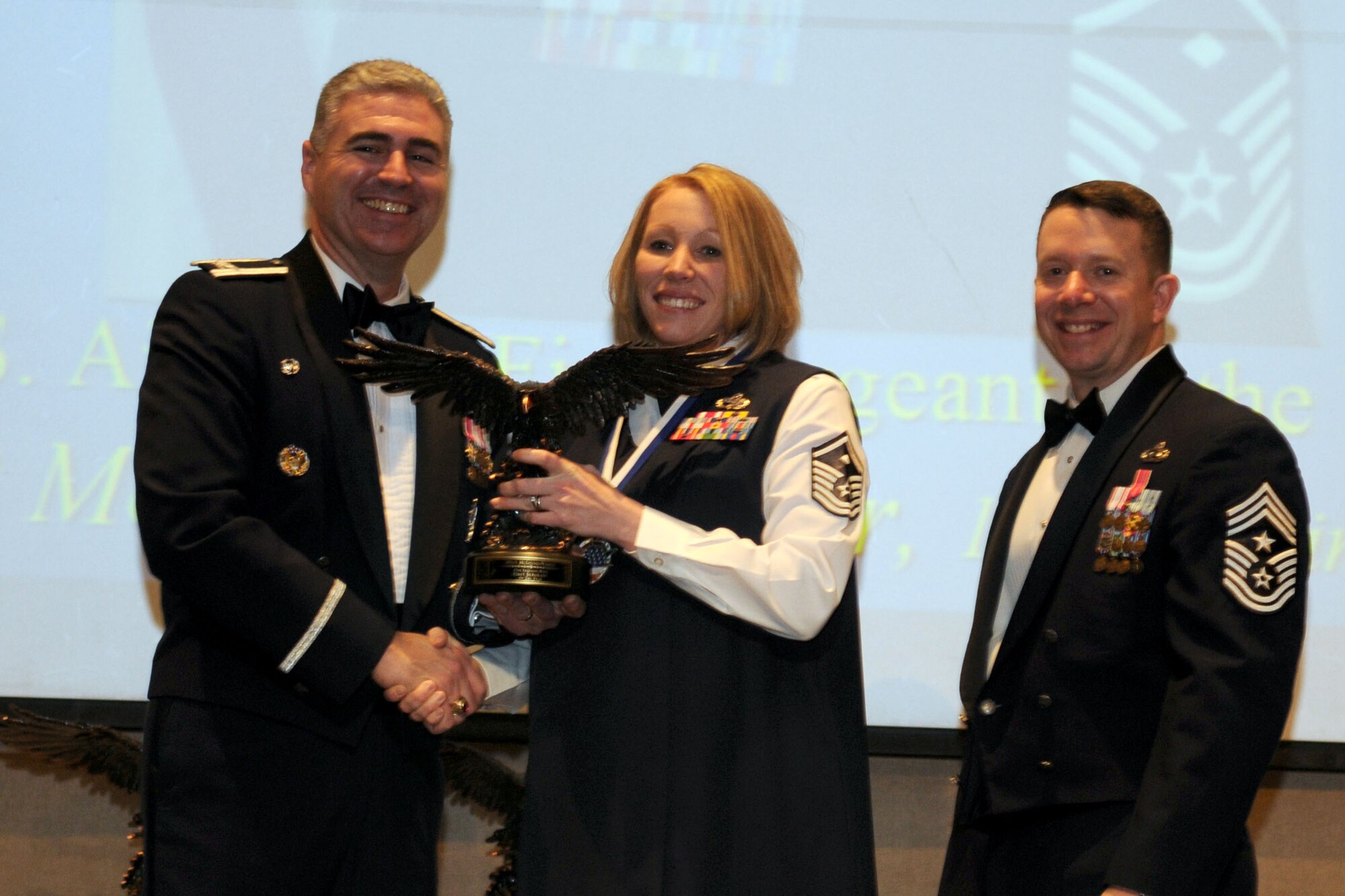 GOODFELLOW AIR FORCE BASE, Texas - Master Sgt. Linda McGinnis-Weber, 17th Training Group, receives the First Sergeant of the Year Annual Award during the ceremony at the McNease Convention Center, San Angelo, Texas, Feb. 11, 2011. (U.S. Air Force photo/Staff Sgt. Heather Rodgers)