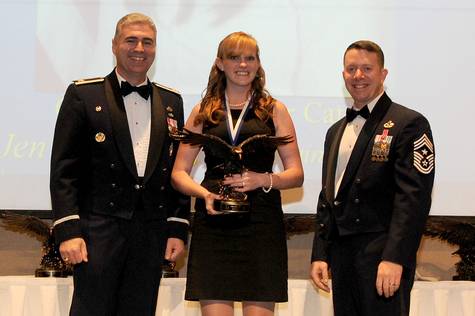 GOODFELLOW AIR FORCE BASE, Texas - Jen O’Rourke, 517th Training Group, receives the Civilian Category 1 Non-Supervisory Annual Award during the ceremony at the McNease Convention Center, San Angelo, Feb. 11, 2011. (U.S. Air Force photo/Staff Sgt. Heather Rodgers)

