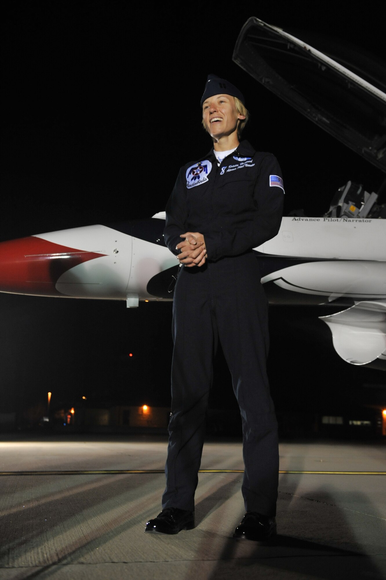 SEYMOUR JOHNSON AIR FORCE BASE, N.C. – Capt. Kristin Hubbard answers question from local reporters here about her experiences as the third female pilot for the Thunderbirds, Feb. 10, 2011. Captain Hubbard will return with the entire Thunderbirds team to perform during Wings Over Wayne, April 16-17, 2011.  Captain Kristin Hubbard, Thunderbird pilot #8, hails Renton, Wash. (U.S. Air Force photo/Senior Airman Whitney Lambert) (RELEASED)