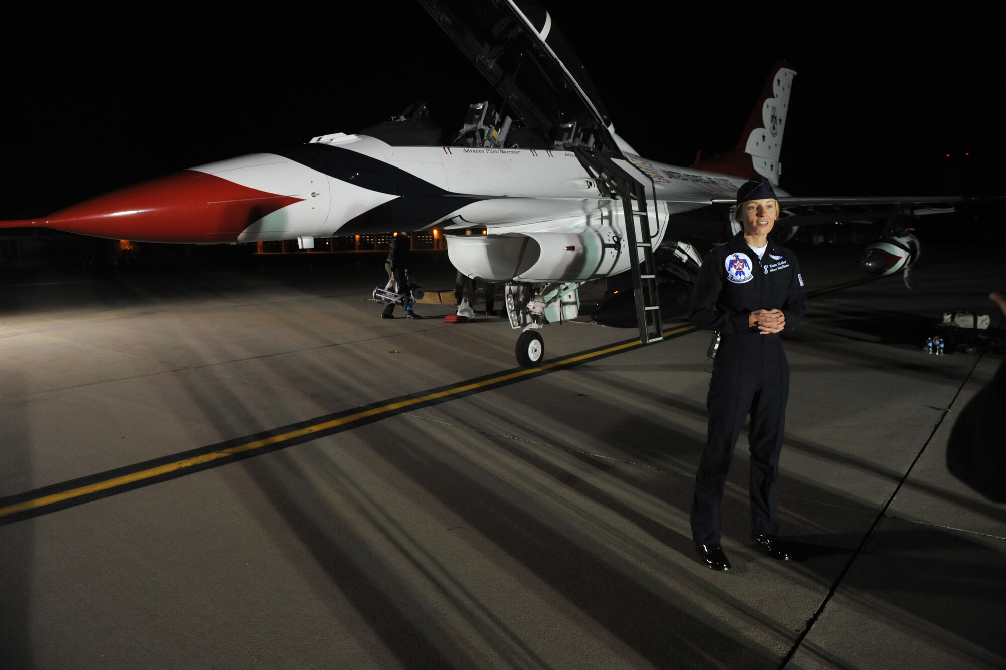 SEYMOUR JOHNSON AIR FORCE BASE, N.C. – Capt. Kristin Hubbard visits the 4th Fighter Wing to conduct a pre-flight survey, provide media interviews and brief the Wings Over Wayne staff here, Feb. 10, 2011. As part of the pre-show preparation Captain Hubbard, traveled here to perform an airfield inspection before the Wings Over Wayne air show and open house April 16-17, 2011. Captain Kristin Hubbard, Thunderbird pilot #8, hails Renton, Wash. (U.S. Air Force photo/Senior Airman Whitney Lambert) (RELEASED)