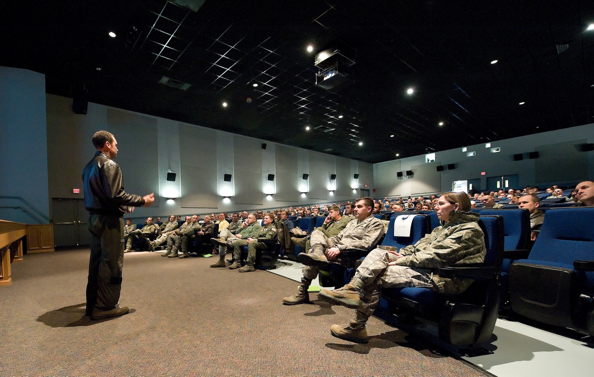 Maj. Nate Vogel, 436th Airlift Wing chief of plans and programs, gives the one-year-out Operational Readiness Inspection briefing to Airmen from the 436 AW and 512 AW Feb. 11, 2011, at Dover AFB, Del. The briefing outlined the schedule of exercises leading up to the ORI. (U.S. Air Force photo/Jason Minto)