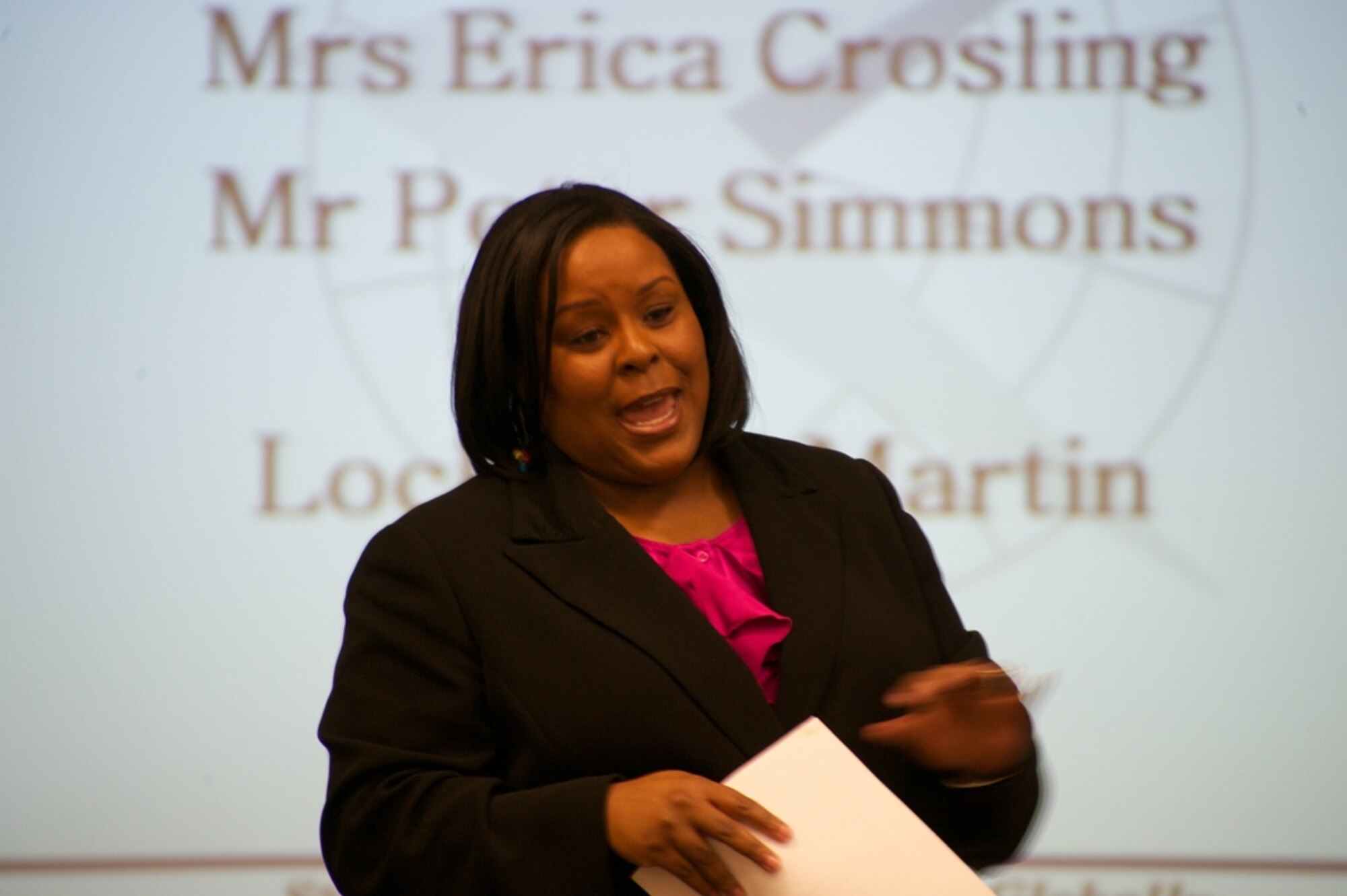 Erica Crosling, Director for Communications and Community Relations at Lockheed Martin-Marietta, discusses communication strategies with members of the 22nd Air Force Public Affairs Workshop at Dobbins Air Reserve Base, Ga., Feb. 10. More than 20 professional communicators for the Air Force Reserve attended the workshop and to hone their skills at sharing news and information in today's real-time media environment. (U.S. Air Force photo/Lt. Col. Chad Gibson)