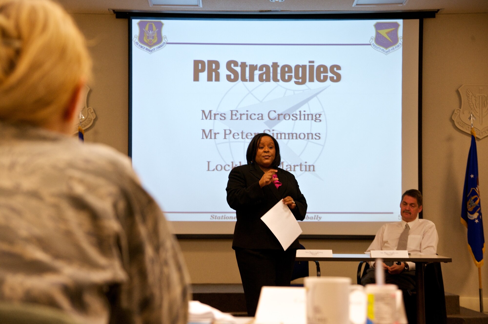 Erica Crosling, Director for Communications and Community Relations at Lockheed Martin-Marietta, and Peter Simmons, C-130 Communications Manager, outline principles for effective public relations during the 22nd Air Force Public Affairs Workshop at Dobbins Air Reserve Base, Ga., Feb. 10. The workshop have Public Affairs specialists an opportunity to meet and discuss strategy with their peers while also offering a hands-on demonstration in such areas as strategic planning, effective headline writing, and proactive media relations. (U.S. Air Force photo/Lt. Col. Chad Gibson)