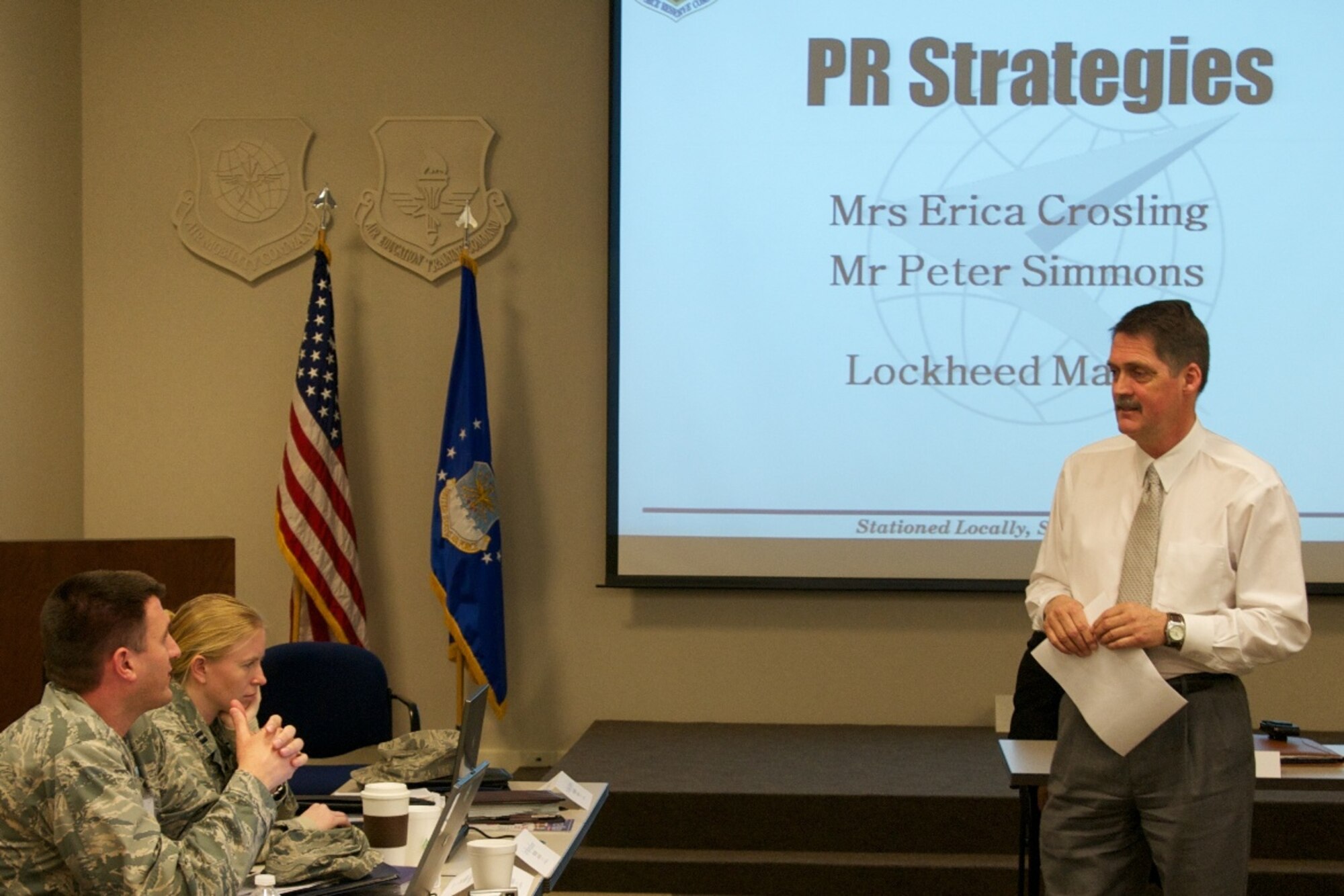 Peter Simmons, C-130 Communications Manager at Lockheed Martin-Marietta, shares his philosophy for building and maintaining successful relationships with the media during the 22nd Air Force Public Affairs Workshop at Dobbins Air Reserve Base, Ga., Feb. 10. Mr. Simmons referenced his many years of working with national and internal media outlets in outlining a number of simple techniques to help Public Affairs offices get their story to mainstream media. (U.S. Air Force photo/Lt. Col. Chad Gibson)