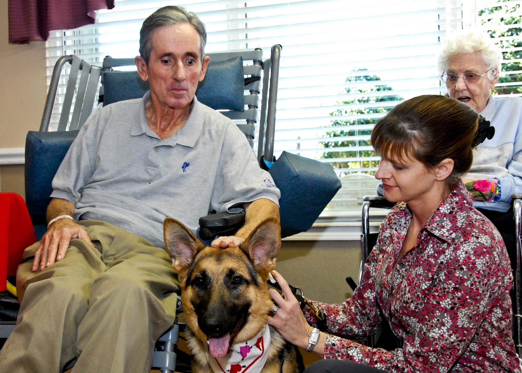 Veteran Jerry Bell spends time petting Patience Feb. 14 during her visit to 'The Manor' at Blue Water Bay in Niceville, Fla. Patience joined more than 200 Eglin Airmen who presented homemade valentines to local retirement home residents. (U.S. Air Force photo/Sachel Seabrook)

