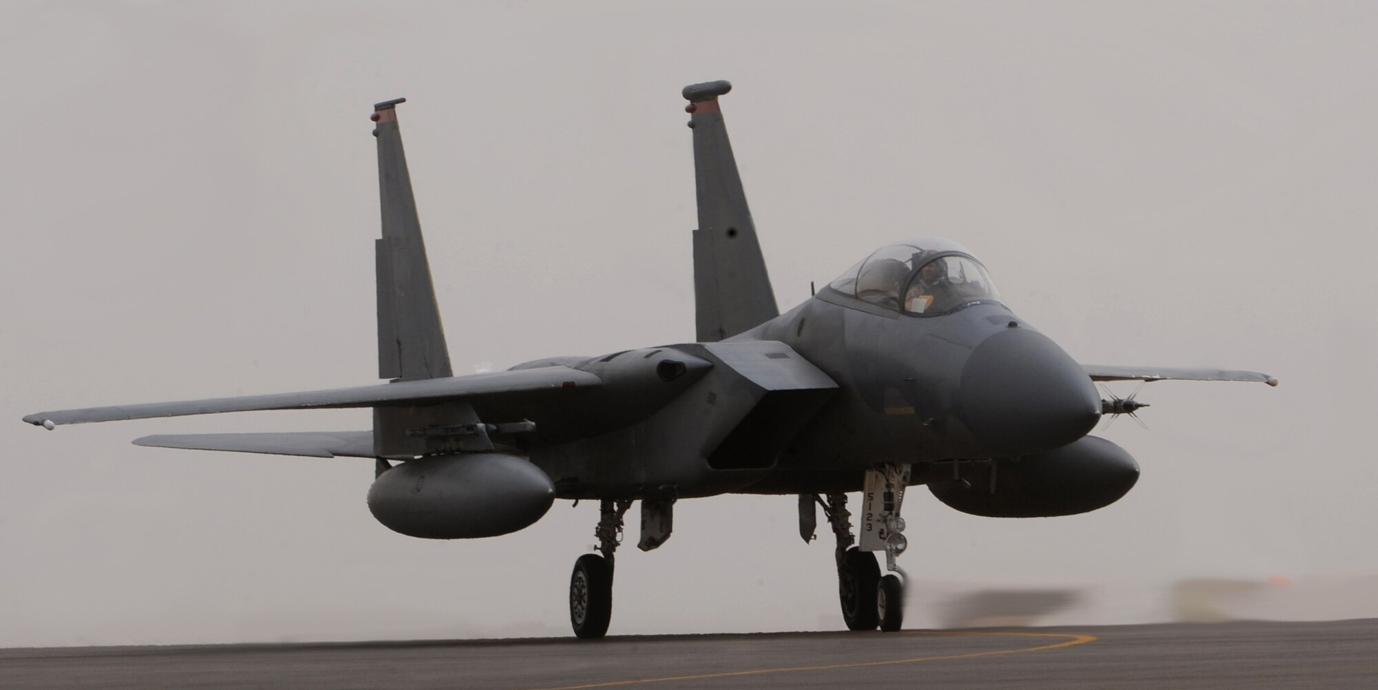 One of the several newly arrived F-15C Eagle aircrafts taxies down a runway recently in Southwest Asia. The 67th Expeditionary Fighter Squadron currently flies the F-15C Eagle and is deployed from Kadena AFB, Japan. (U.S. Air Force photo illustration by Senior Airman Maynelinne De La Cruz)