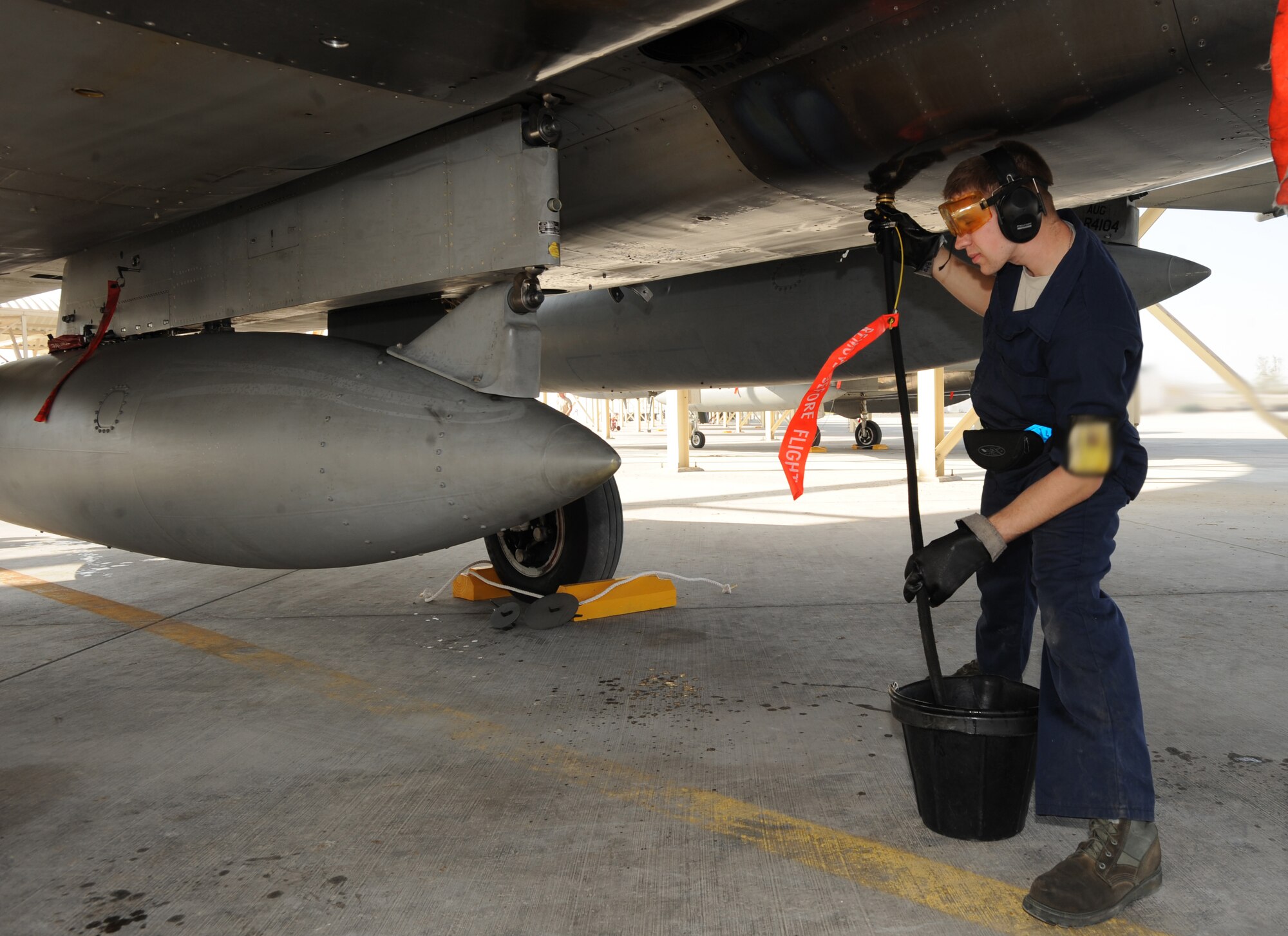 Maintainers from the 380th Expeditionary Aircraft Maintenance Squadron perform maintenance on the 67th Expeditionary Fighter Squadron F-15Cs after they arrived in Southwest Asia recently. The 67th EFS is deployed from Kadena AFB, Japan. (U.S. Air Force photo by Senior Airman Maynelinne De La Cruz)
