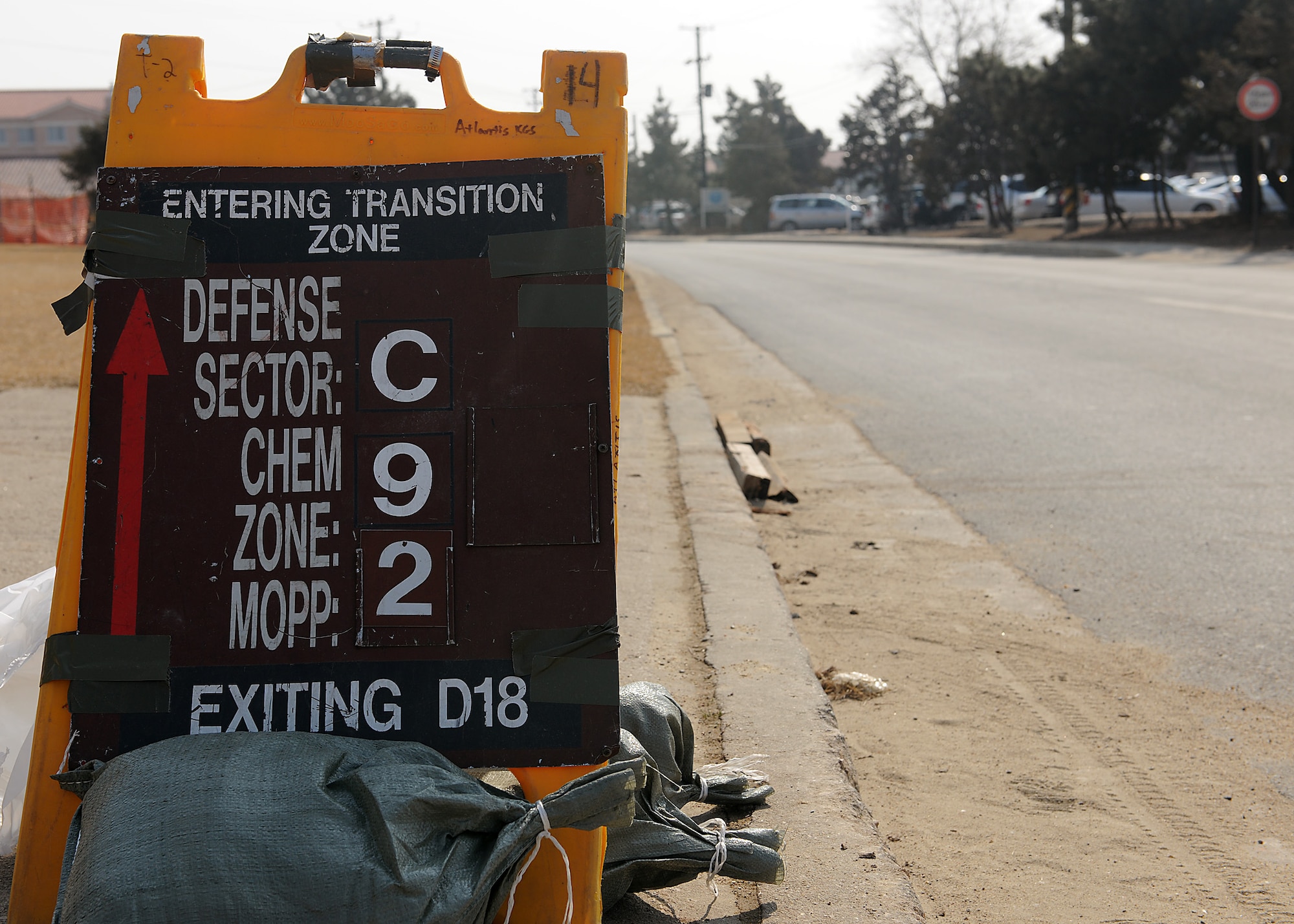 KUNSAN AIR BASE, Republic of Korea -- Shown here is a zone transition point.  A ZTP informs Airmen on which chemical zone they are entering and the current mission oriented protective posture required upon entering that zone. (U.S. Air Force photo/Senior Airman Ciara Wymbs) 