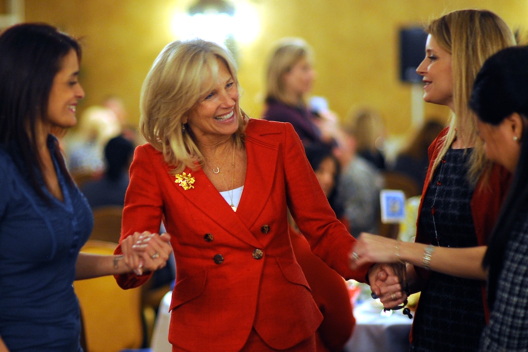 Dr. Jill Biden, wife of Vice President Joe Biden, talks with Army spouses on Fort Stewart, Ga., Feb. 14, 2011. Biden, Army Chief of Staff Gen. George W. Casey Jr. and his wife, Sheila, met with troops, military families and educators while visiting the base.