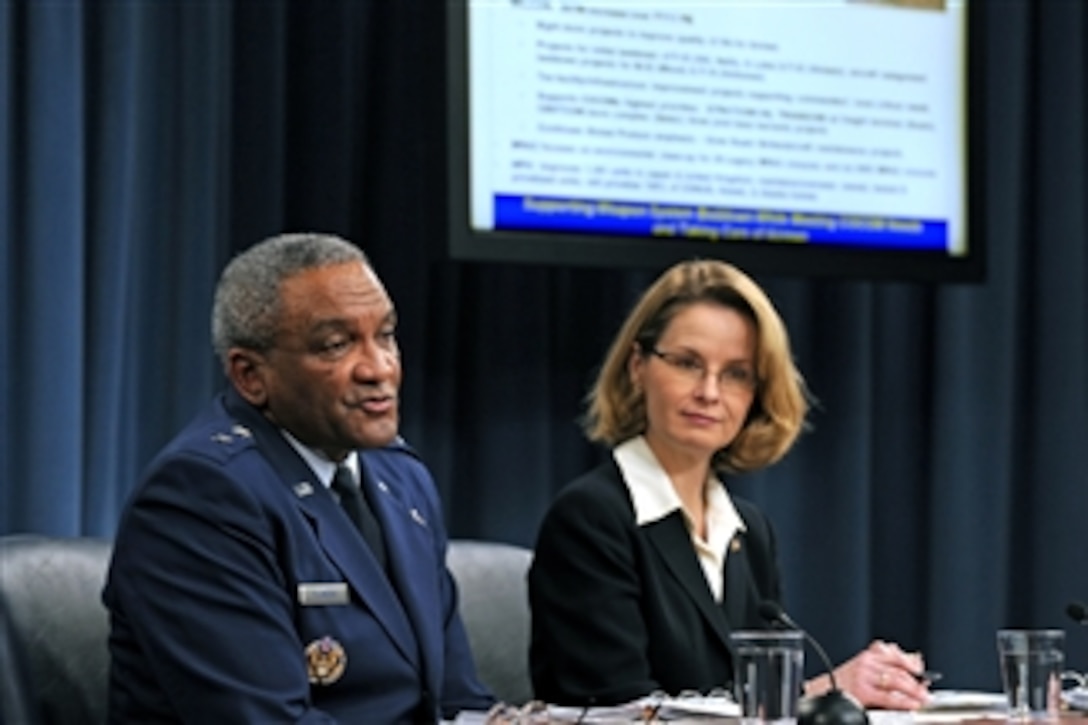 Air Force Deputy Assistant Secretary for Budget Maj. Gen. Alfred Flowers is joined by his deputy Marilyn Thomas to brief reporters in the Pentagon on details of the Air Force portion of the overall Department of Defense budget for FY 2012 on Feb. 14, 2011.  