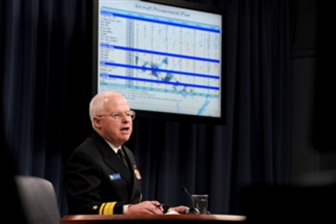 Deputy Assistant Secretary of the Navy for Budget and Director of the Fiscal Management Division Rear Adm. Joseph Mulloy holds a press briefing in the Pentagon to inform reporters of the details of the Navy's FY 2012 budget submission on Feb. 14, 2011.  