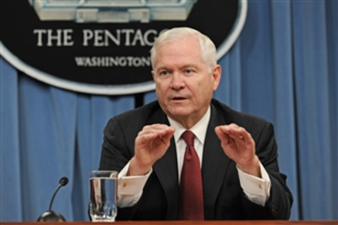 Secretary of Defense Robert M. Gates holds a Pentagon press briefing to comment on the Department of Defense FY 2012 budget submission to Congress on Feb. 14, 2011.  