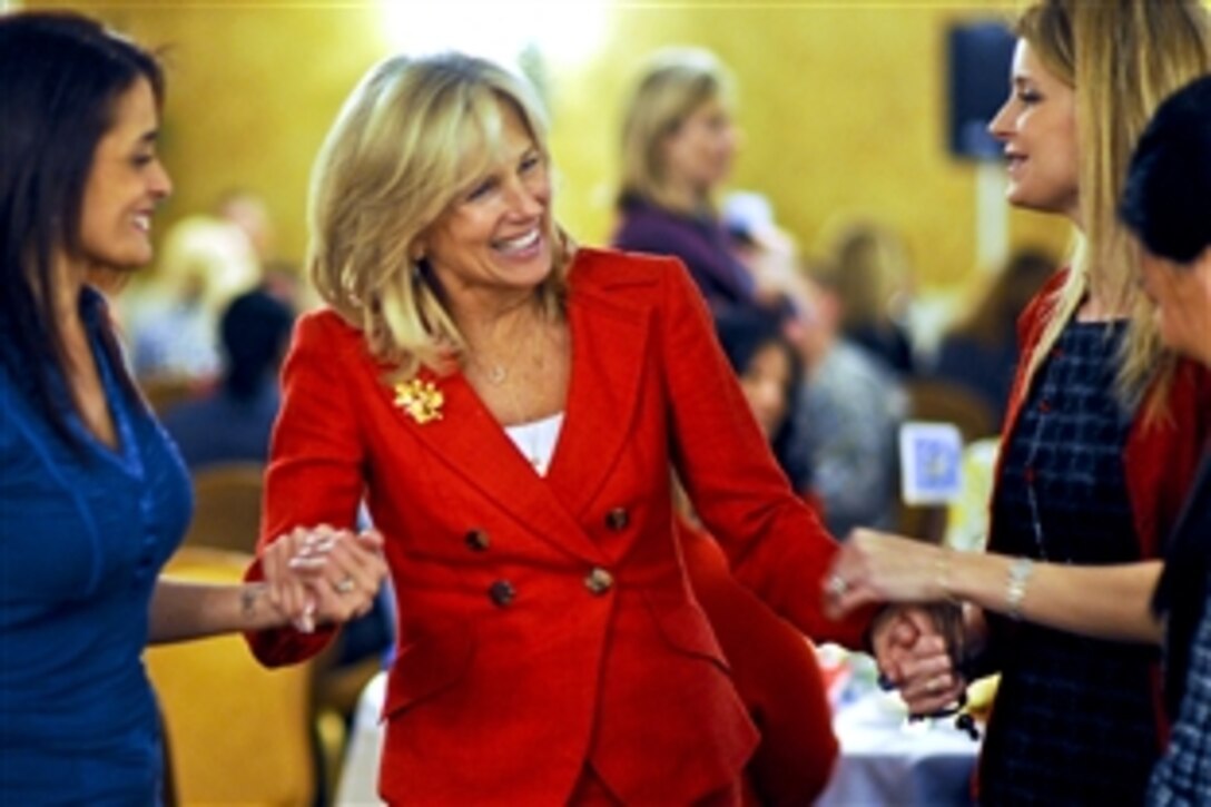 Dr. Jill Biden, wife of Vice President Joe Biden, talks with Army spouses on Fort Stewart, Ga., Feb. 14, 2011. Biden, Army Chief of Staff Gen. George W. Casey Jr. and his wife, Sheila, met with troops, military families and educators while visiting the base. 