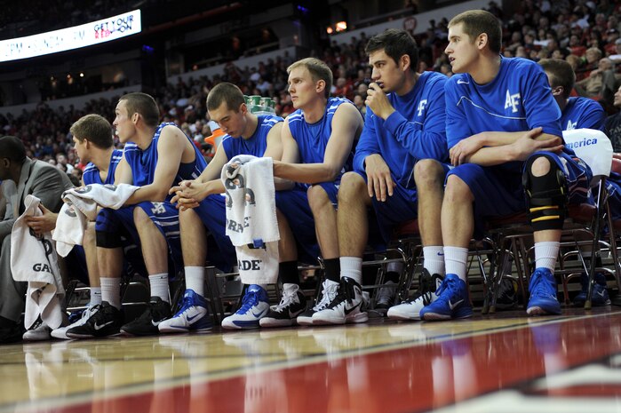 LAS VEGAS -- U.S. Air Force Academy, basketball team players, sit on bench watching the game slip out of the Academy's hands in the final minutes to the University of Nevada Las Vegas, at the Thomas and Mack Center, Feb. 15.  The Air Force Falcons came up short against  UNLV 49-42, making their record 13-11 overall and 4-7 in the Mountain West Conference. (U.S. Air Force photo by Airman 1st Class Daniel Hughes)