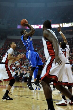 LAS VEGAS -- Michael Lyons, U.S. Air Force Academy "Falcons" sophomore guard, pulls up for a jump shot against the University of Nevada Las Vegas, at the Thomas and Mack Center, Feb 15. The Air Force Falcons came up short against  UNLV 49-42, making their record 13-11 overall and 4-7 in the Mountain West Conference. (U.S. Air Force photo by Airman 1st Class Daniel Hughes)