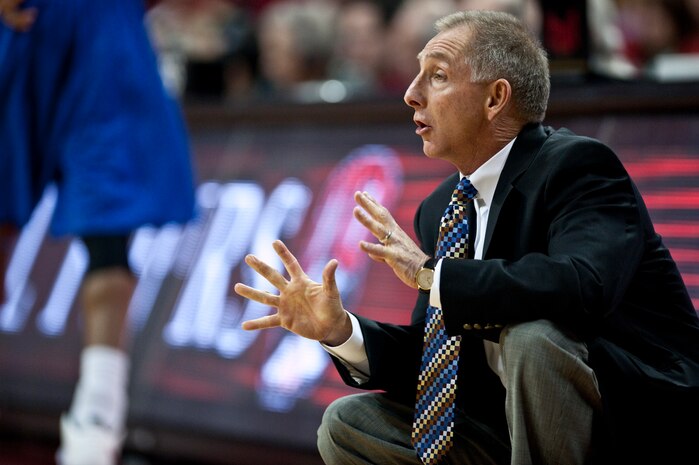 LAS VEGAS -- Jeff Reynolds, U.S. Air Force Academy "Falcons"  basketball team, head coach, gives instruction to his players during a game against the University of Nevada Las Vegas, at the Thomas and Mack Center, Feb. 15. The Air Force Falcons came up short against  UNLV 49-42, making their record 13-11 overall and 4-7 in the Mountain West Conference.(U.S. Air Force photo by Tech Sgt. Michael R. Holzworth)