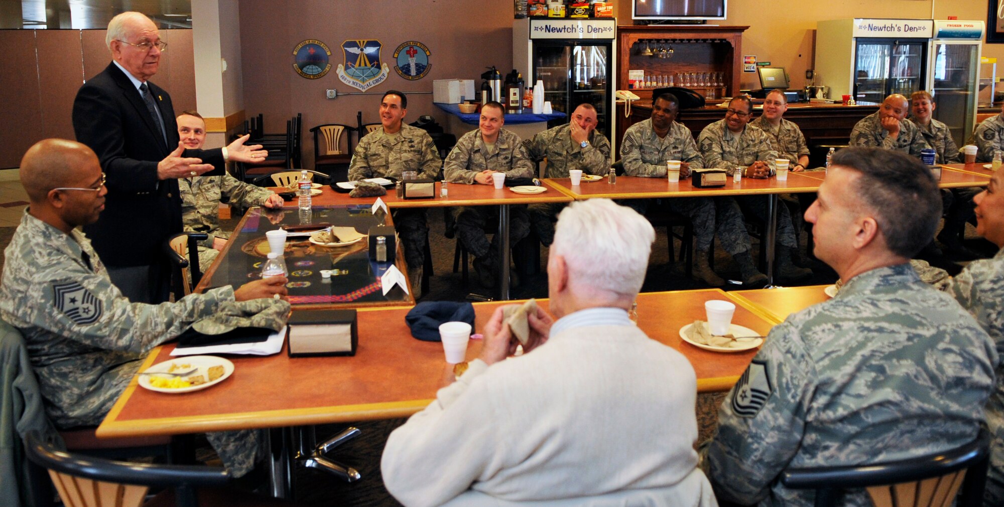 BUCKLEY AIR FORCE BASE, Colo. -- Sam Parish, Chief  Master Sgt. of the Air Force #8, speaks to Buckley leadership on January 11, 2011. Chief Parish listens to members of the (Top 3 ) about issues effect them. (U.S. Air Force photo by Airman 1st Class Paul Labbe.)
