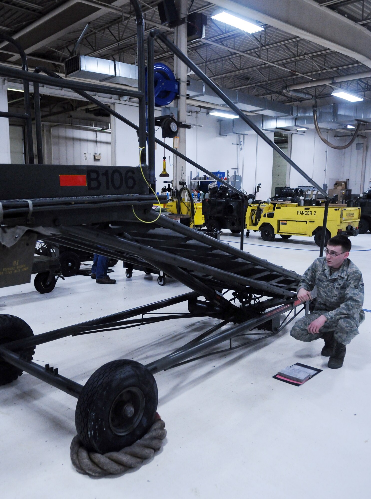 Airman 1st Class Matthew Fralick performs a periodic inspection on a B1 workstand Feb. 16, 2011, Eielson Air Force Base, Alaska. PIs ensure equipment will function properly when used. Airman Fralick is a 354th Maintenance Squadron aerospace ground equipment maintainer. (U.S. Air Force photo/Airman 1st Class Janine Thibault)