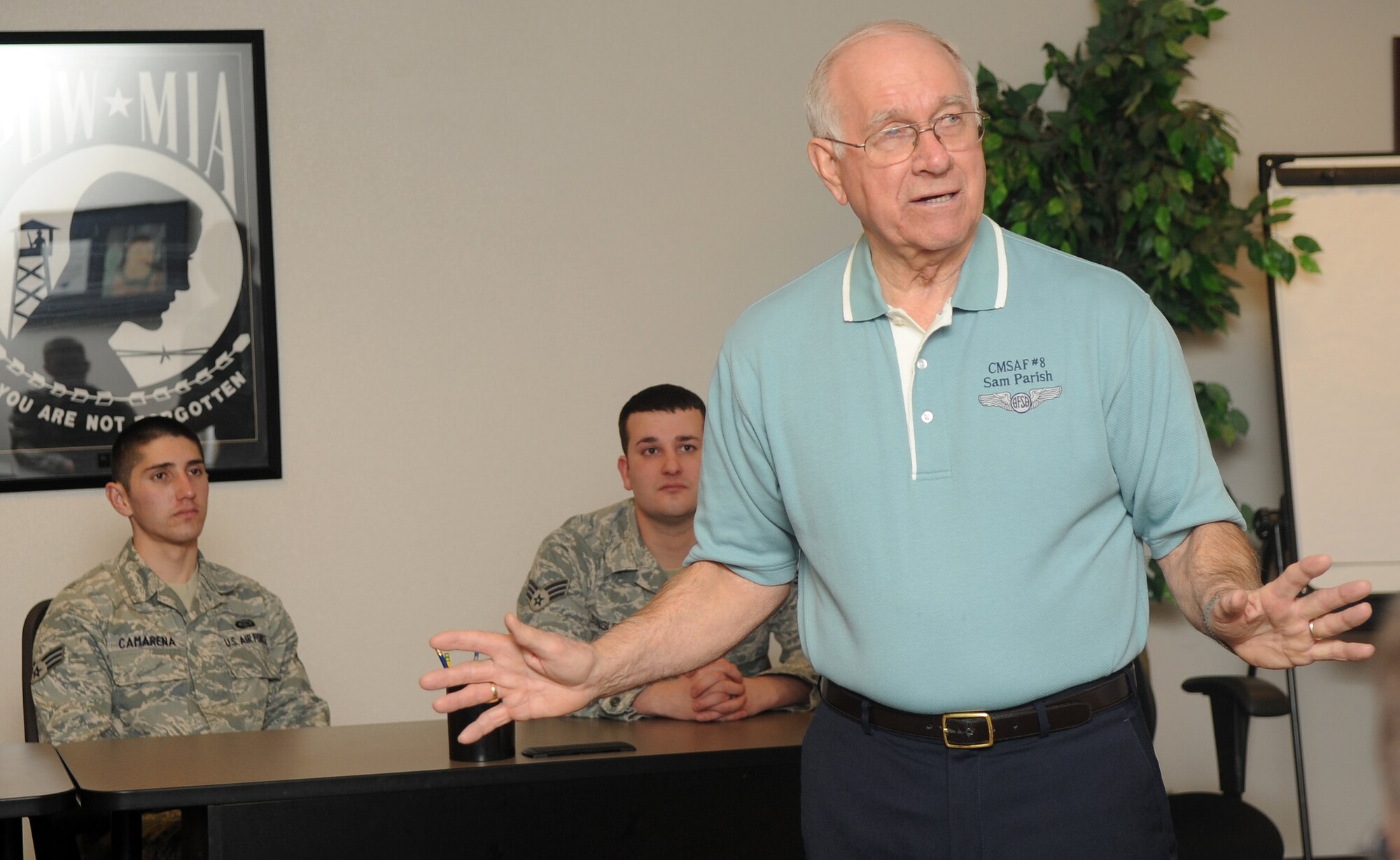 BUCKLEY AIR FORCE BASE, Colo. -- Sam Parish, Chief  Master Sgt. of the Air Force #8, Speaks to the Airman Leadership Class January 10, 2011. Chief Parish explained about the goals and needs the class will be fulfilling when they take on NCO responsibilities.(U.S. Air Force photo by Airman 1st Class Marcy Glass.)
