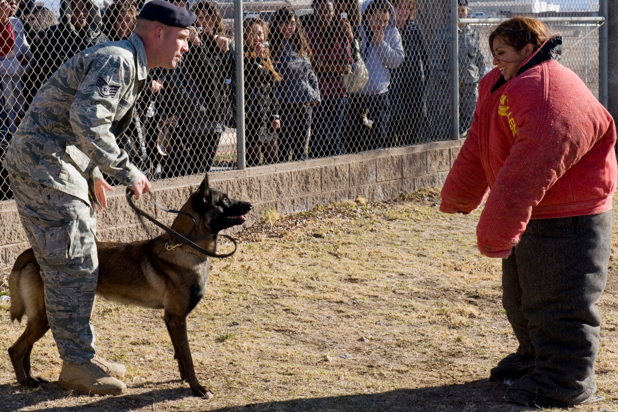 NELLIS AIR FORCE BASE, Nev.-- Staff Sgt. Kennedy Wilkinson, 99th Security
Forces Squadron dog handler, holds Erik, his military working dog, before releasing him to chase Dulce Domingo, Canyon Springs High School student, Feb 2. The 99th SFS was one of three squadrons at Nellis that participated in National Job Shadow Day, a program created to help lower the high school dropout rate for youth across the U.S. (U.S. Air Force photo by Airman 1st Class Jamie Nicley)
