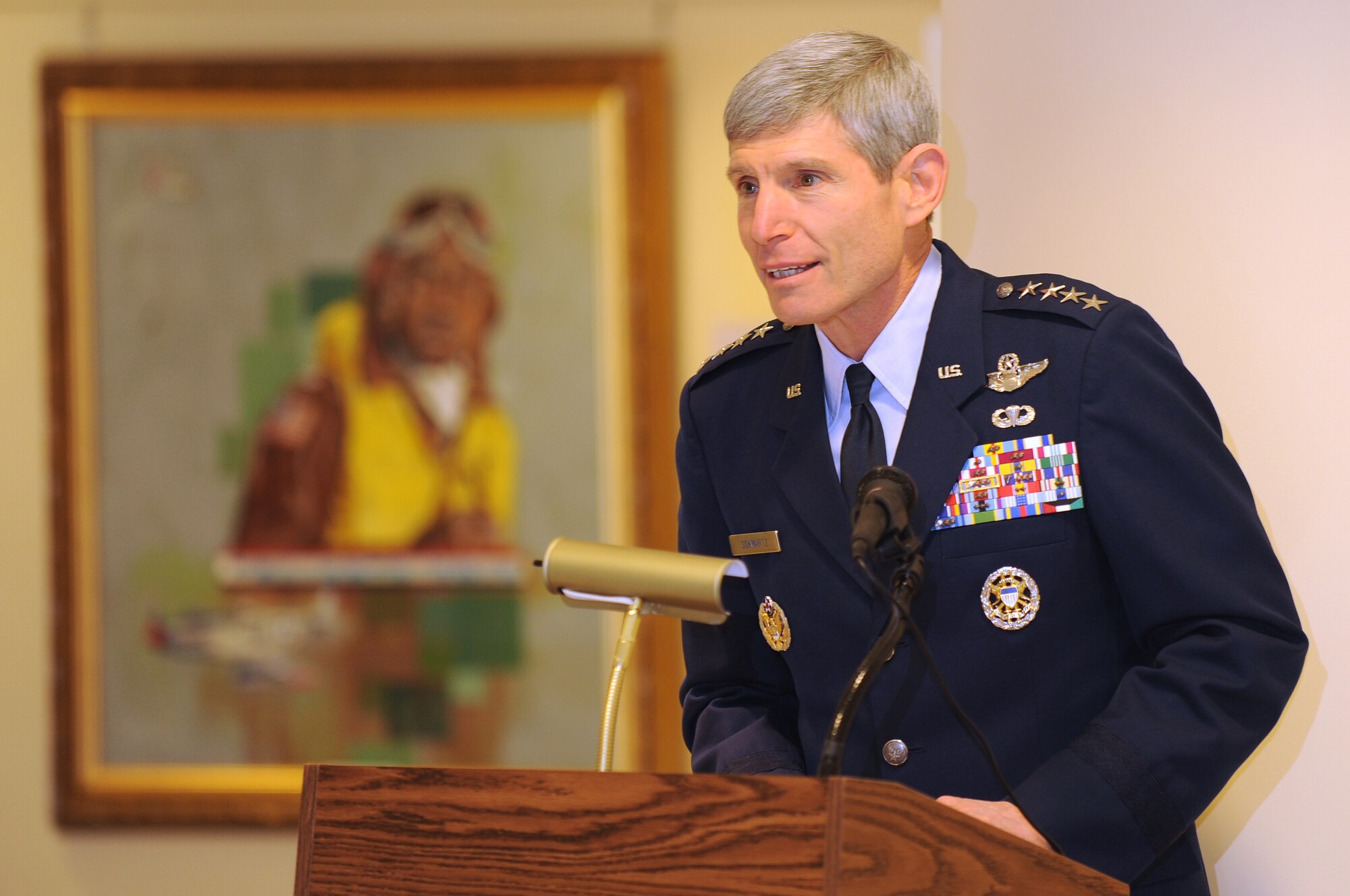 Air Force Chief of Staff Gen. Norton Schwartz speaks at the unveiling of the Roy Lagrone art exhibit Feb. 15, 2011, at the Air Force Art Gallery in the Pentagon. (U.S. Air Force photo/Andy Morataya)