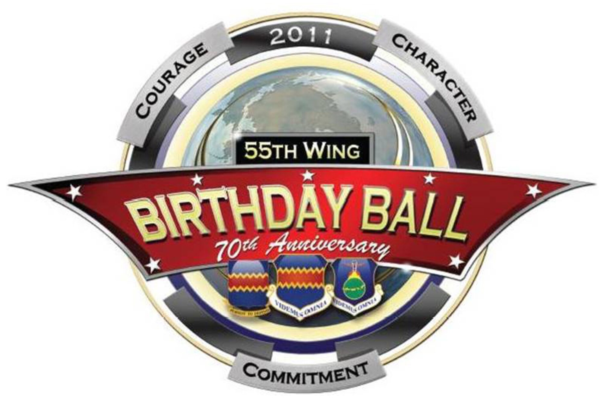OFFUTT AIR FORCE BASE, Neb. - The 2011 55th Wing Birthday Ball is set for March 26 at the Embassy Suites Convention Center in La Vista, Neb. The event will celebrate the wing's 70th anniversary. The theme for the ball is "Courage, Character, Commitment." Tickets are now available through unit representatives. U.S. Air Force Graphic 