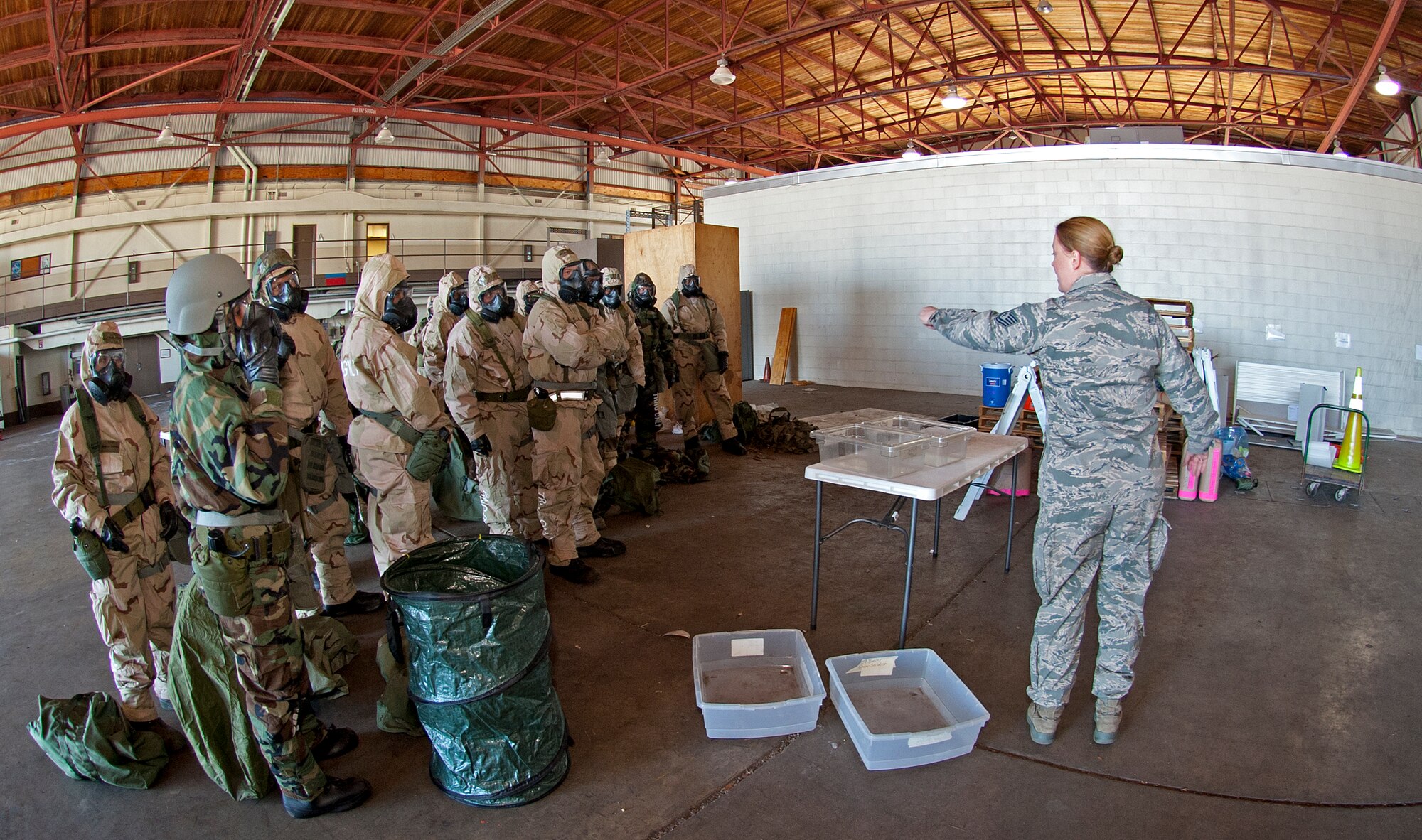 Tech. Sgt. Jennifer Simmons, 403rd CES emergency management instructor explains the chemical decontamination procedures to her on looking class Feb. 13, during the Unit Training Assembly.  Reservists from the 403rd Wing continue to train for the January 2012 Operational Readiness Inspection. (U.S. Air Force photo by Dhiana McKaig)