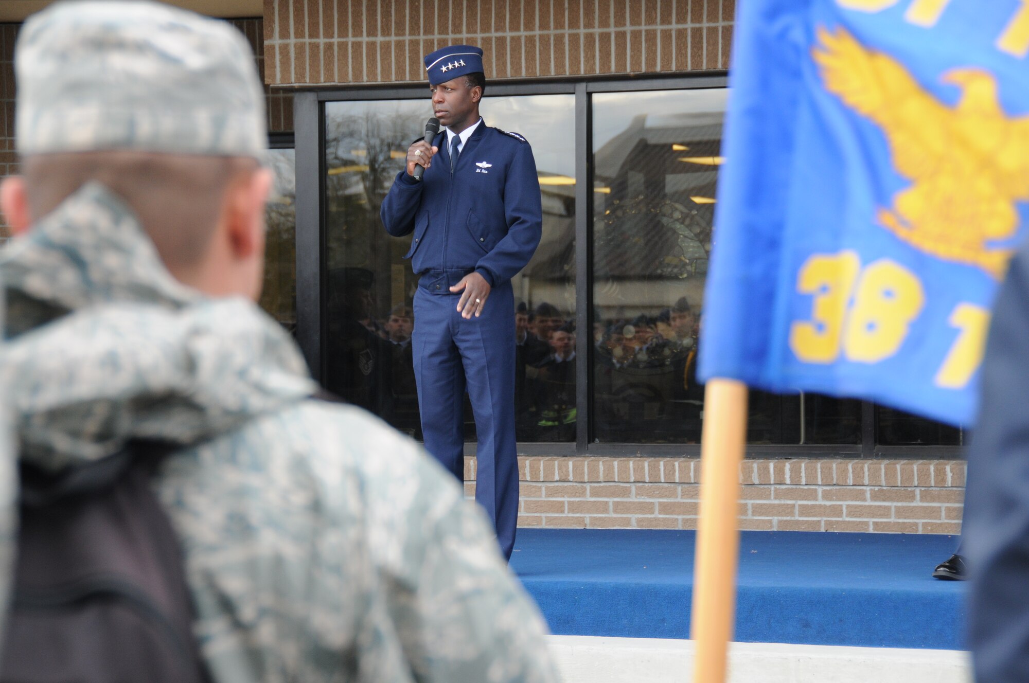 General Rice speaks to technical training students from the 81st Training Group Feb. 7 on the Triangle parade field.  (U.S. Air Force photo by Kemberly Groue)