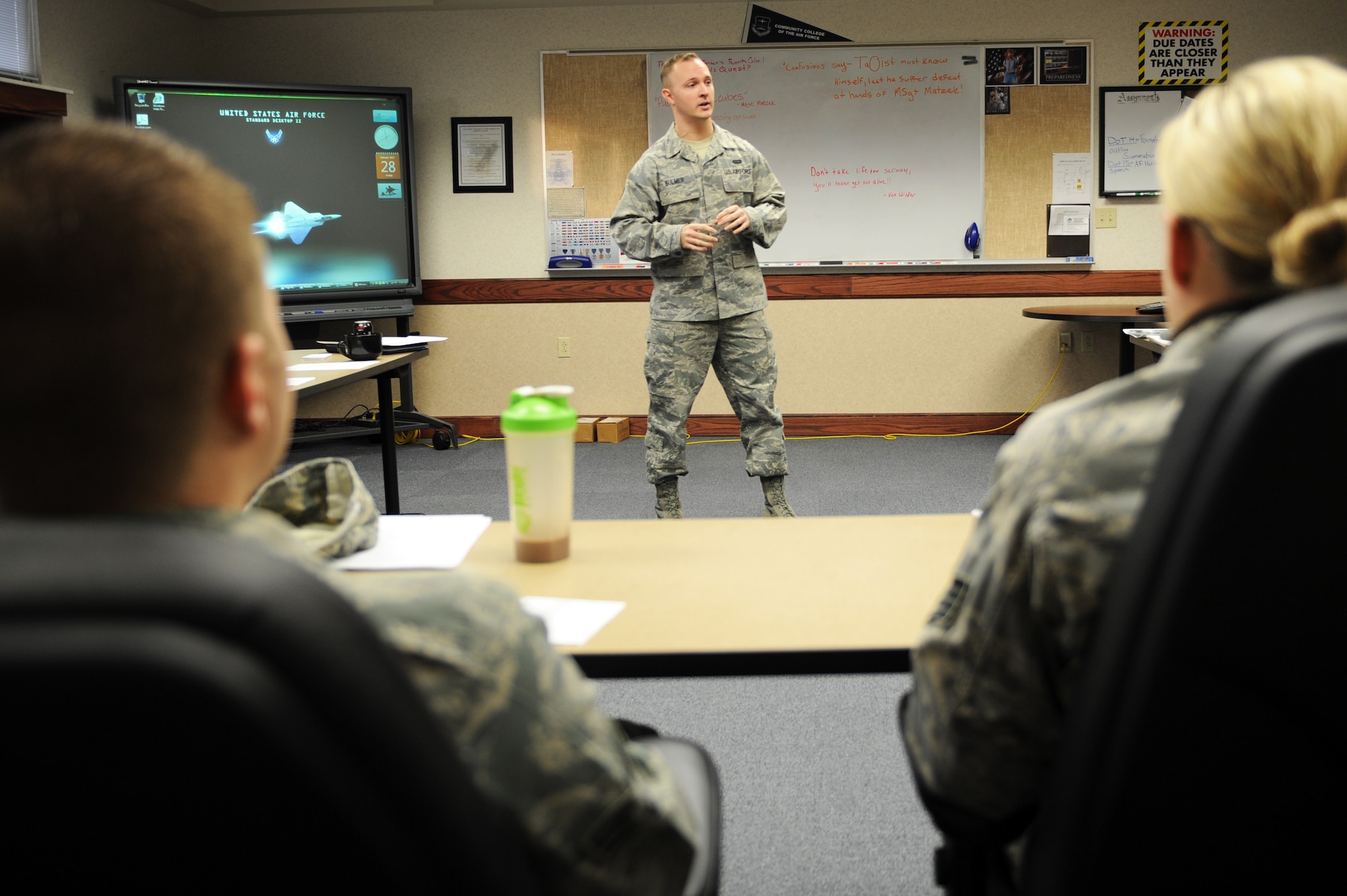 Staff Sgt. Bradley Bulmer, Airman Leadership School student gives his practice brief on Air Force enlisted history Jan. 28, 2011 at Scott Air Force Base, Ill. Airmen attending Airman Leadership School will complete three public speaking briefs on their job, a topic of Air Force enlisted heritage and a foreign terrorist organization. (U.S. Air Force photo/Staff Sgt. Teresa M. Jennings)