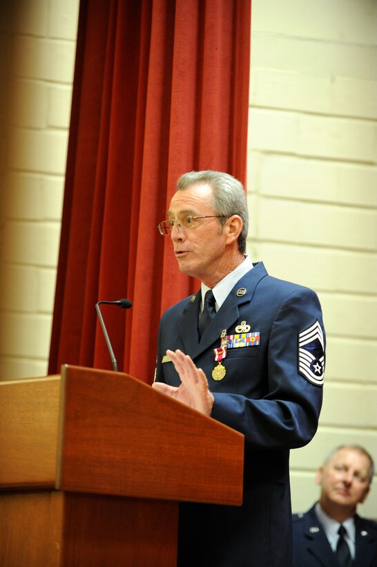 Chief Master Sgt. Thomas Tschida, 4th Air Force Logistics Division, gave his farewell speech to friends and family at his Feb. 12, 2011 retirement ceremony at March Air Reserve Base’s Cultural Resources Center. The chief retired after 33 years of military service. (U.S. Air Force photo/Staff Sgt. Matthew Smith)