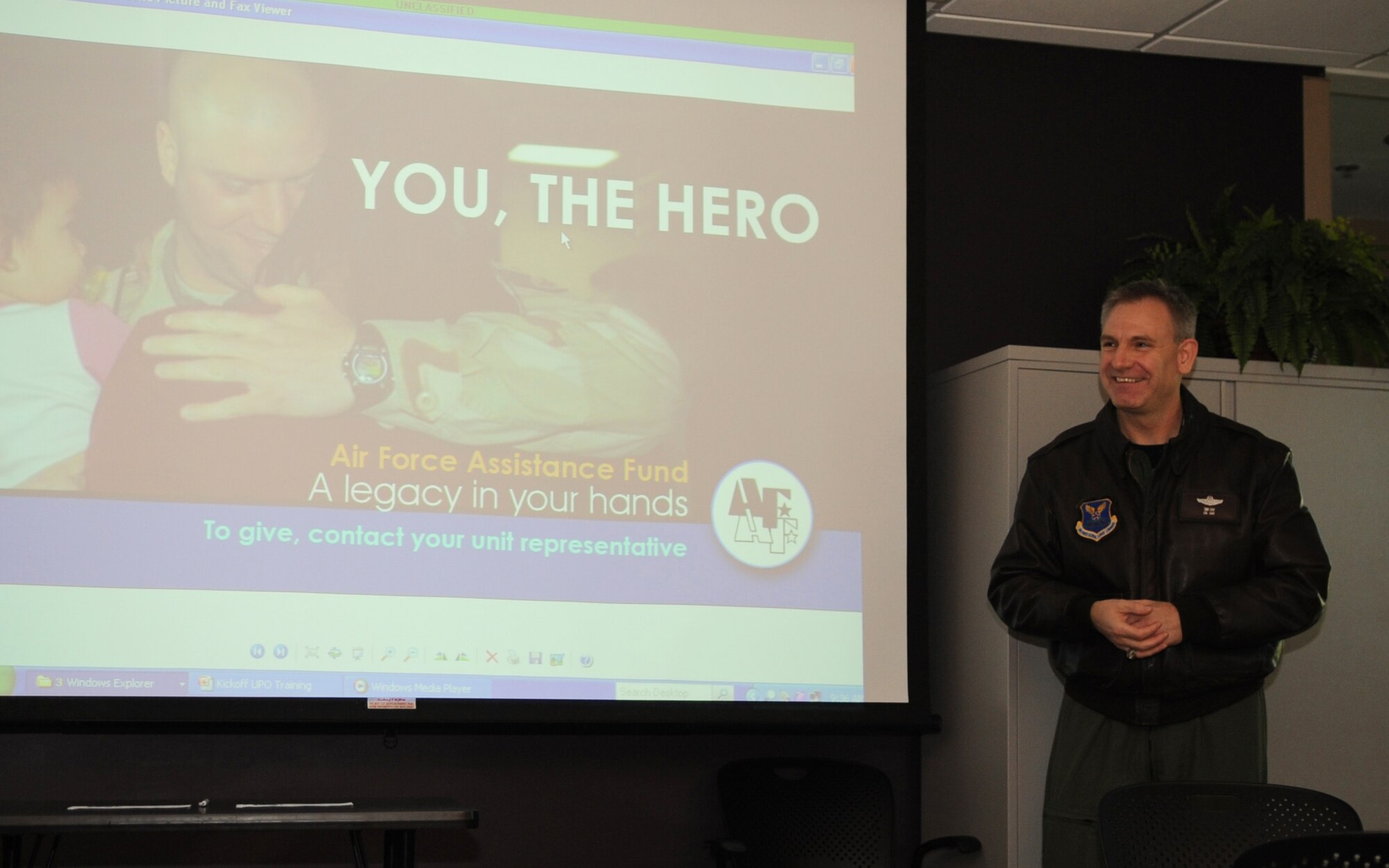 Col. Tim Fay, 2nd Bomb Wing commander, speaks about contributions during the kick-off breakfast for the Air Force Assistance Fund at Barksdale Air Force Base, La., Feb. 11. The AFAF officially started Feb. 14 and will end March 25. Barksdale has a goal of $130,000 to contribute to the fund that lends critical support to Airmen and their families -- active-duty, retired, officers and enlisted. The donations to the AFAF Campaign qualify for Internal Revenue Service charitable deductions. (U.S. Air Force photo/ Senior Airman Alexandra M. Boutte) (RELEASED)