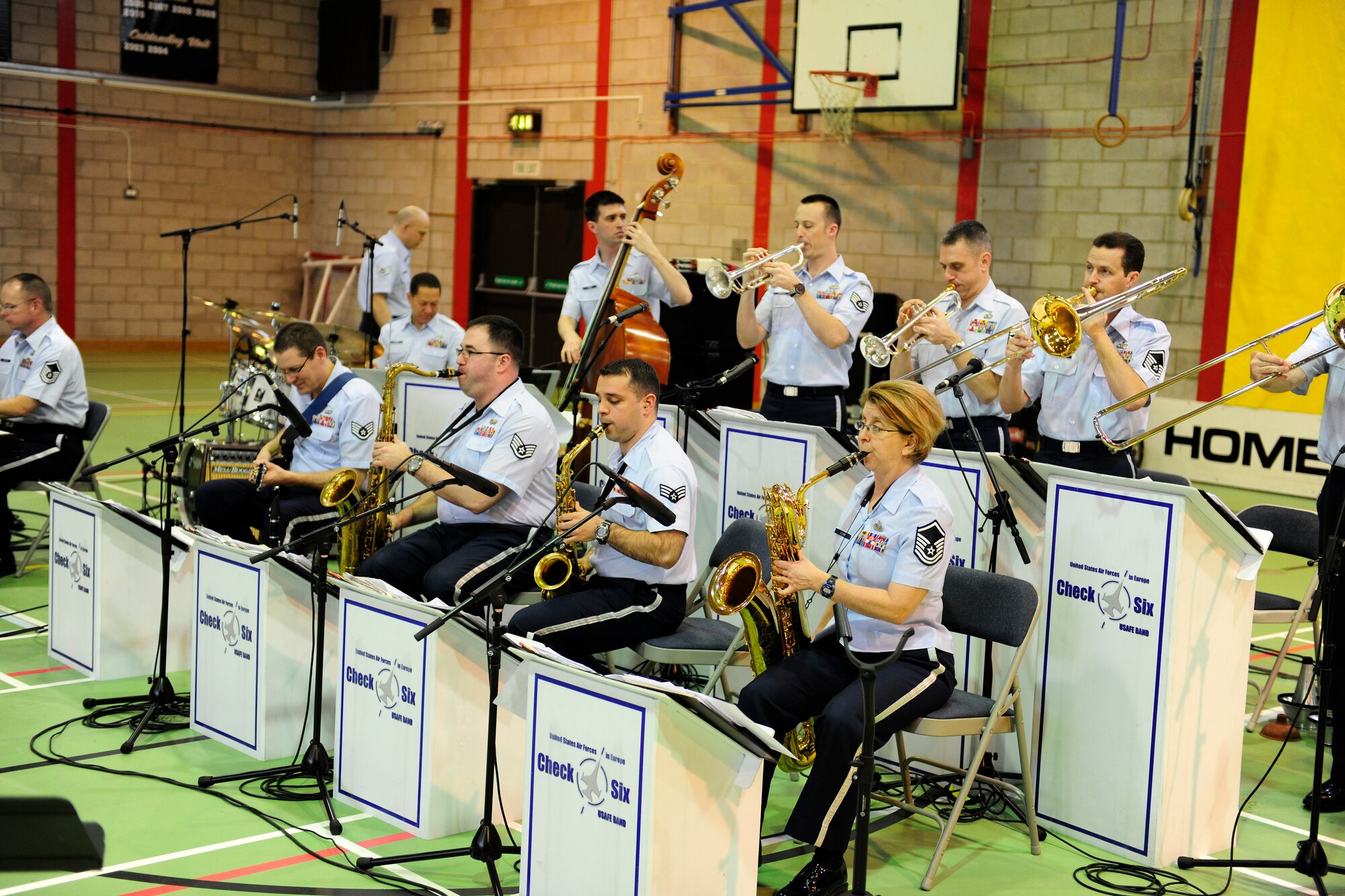 RAF ALCONBURY, United Kingdom - Members from the U.S. Air Forces in Europe band, Check Six, play for students at Alconbury High School Feb. 16. The performance is part of the annual Music in Our Schools Initiative. (U.S. Air Force photo by Tech. Sgt. John Barton)