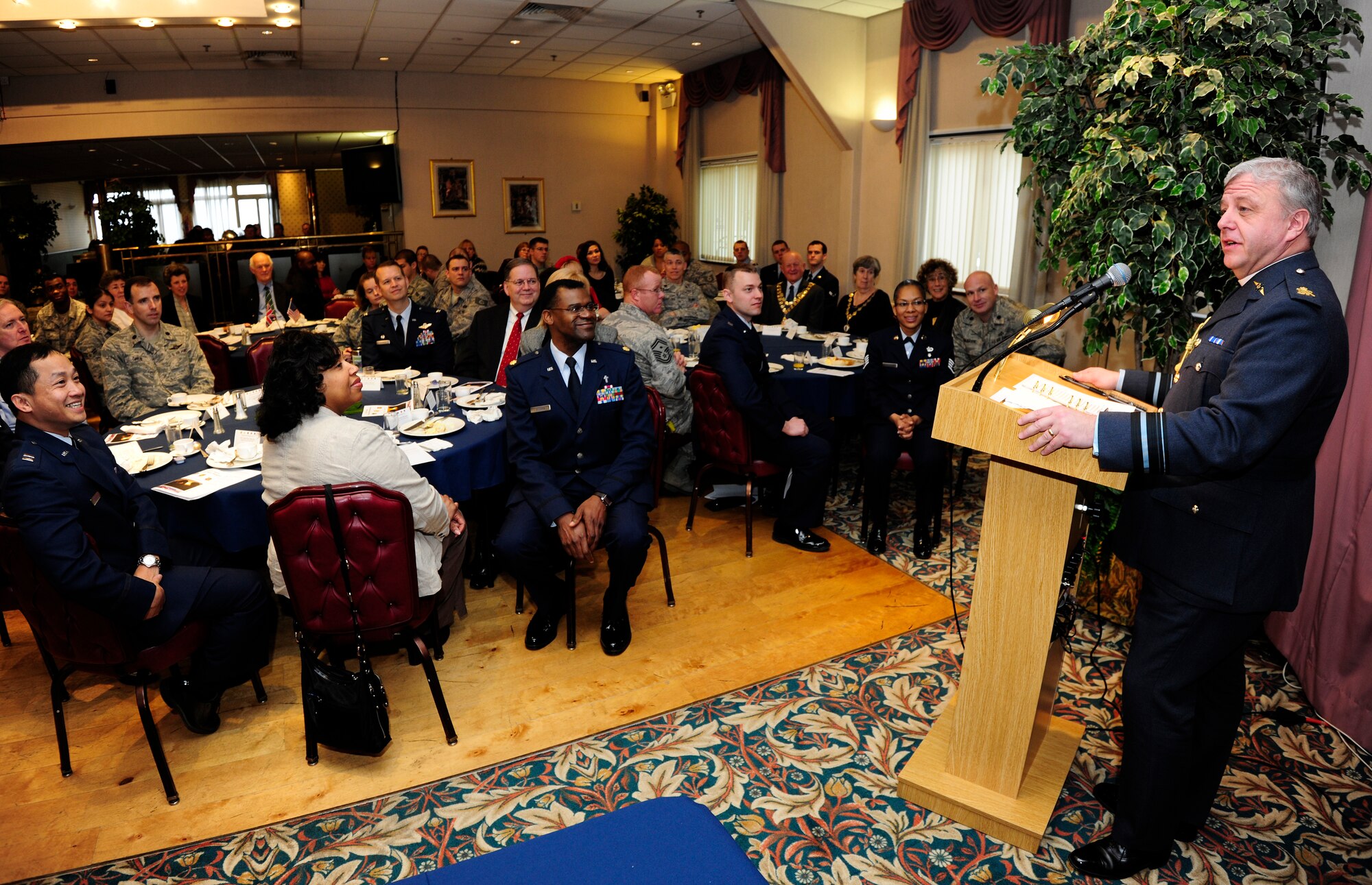 RAF CROUGHTON, United Kingdom - The Venerable (Air Vice-Marshal) Ray Pentland spoke at the National Prayer Breakfast Feb. 16. Padre Pentland spoke about the importance of the grace of humility during the breakfast. Padre Pentland is the 21st Chaplain in Chief of the Royal Air Force. (U.S. Air Force photo by Tech. Sgt. John Barton)