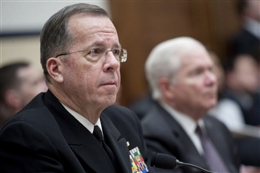 Chairman of the Joint Chiefs of Staff Adm. Mike Mullen, Secretary of Defense Robert M. Gates and Under Secretary of Defense for Comptroller Robert F. Hale testify at a hearing of the House Armed Services Committee on the 2012 Budget Request for the DoD at Rayburn House Office Building in Washington, D.C., on Feb. 16, 2011.  