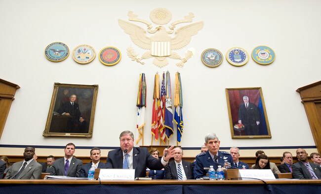 Secretary of the Air Force Michael Donley (left) and Air Force Chief of Staff Gen. Norton Schwartz present the Air Force's  fiscal 2012  budget proposal during a hearing before the House Armed Services Committee Feb. 17, 2011, in Washington, D.C. (U.S. Air Force photo/Jim Varhegyi)