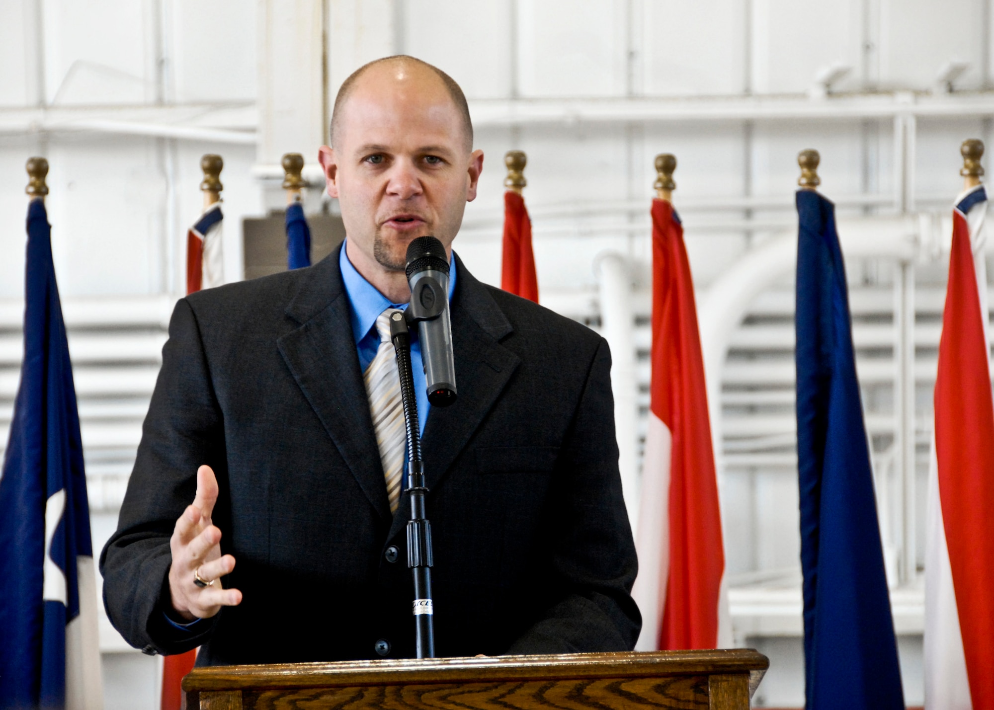 Retired New Orleans Saints player Danny Wuerffel shares stories of faith and life at Team Eglin's National Prayer Breakfast Feb. 17. The purpose of the annual event follows that of the American tradition - to bring together the leadership of the U.S. and affirm the moral and spiritual values upon which the nation is founded. This year marks the 56th annual observance of the National Prayer Breakfast at Eglin. (U.S. Air Force photo/Sachel Seabrook)
