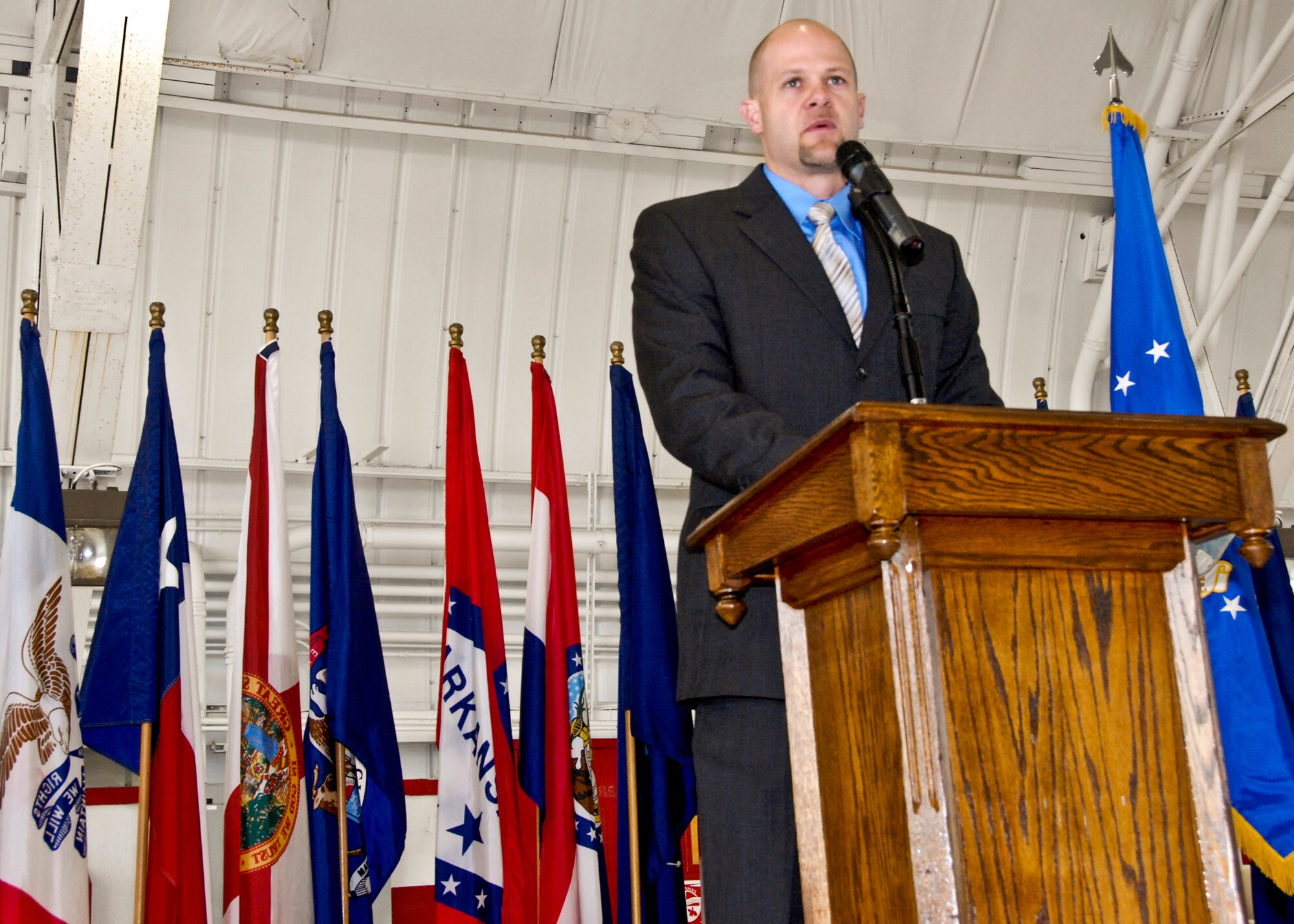 Retired New Orleans Saints player Danny Wuerffel shares stories of faith and life at Team Eglin's National Prayer Breakfast Feb. 17. The purpose of the annual event follows that of the American tradition - to bring together the leadership of the U.S. and affirm the moral and spiritual values upon which the nation is founded. This year marks the 56th annual observance of the National Prayer Breakfast at Eglin. (U.S. Air Force photo/Sachel Seabrook)
