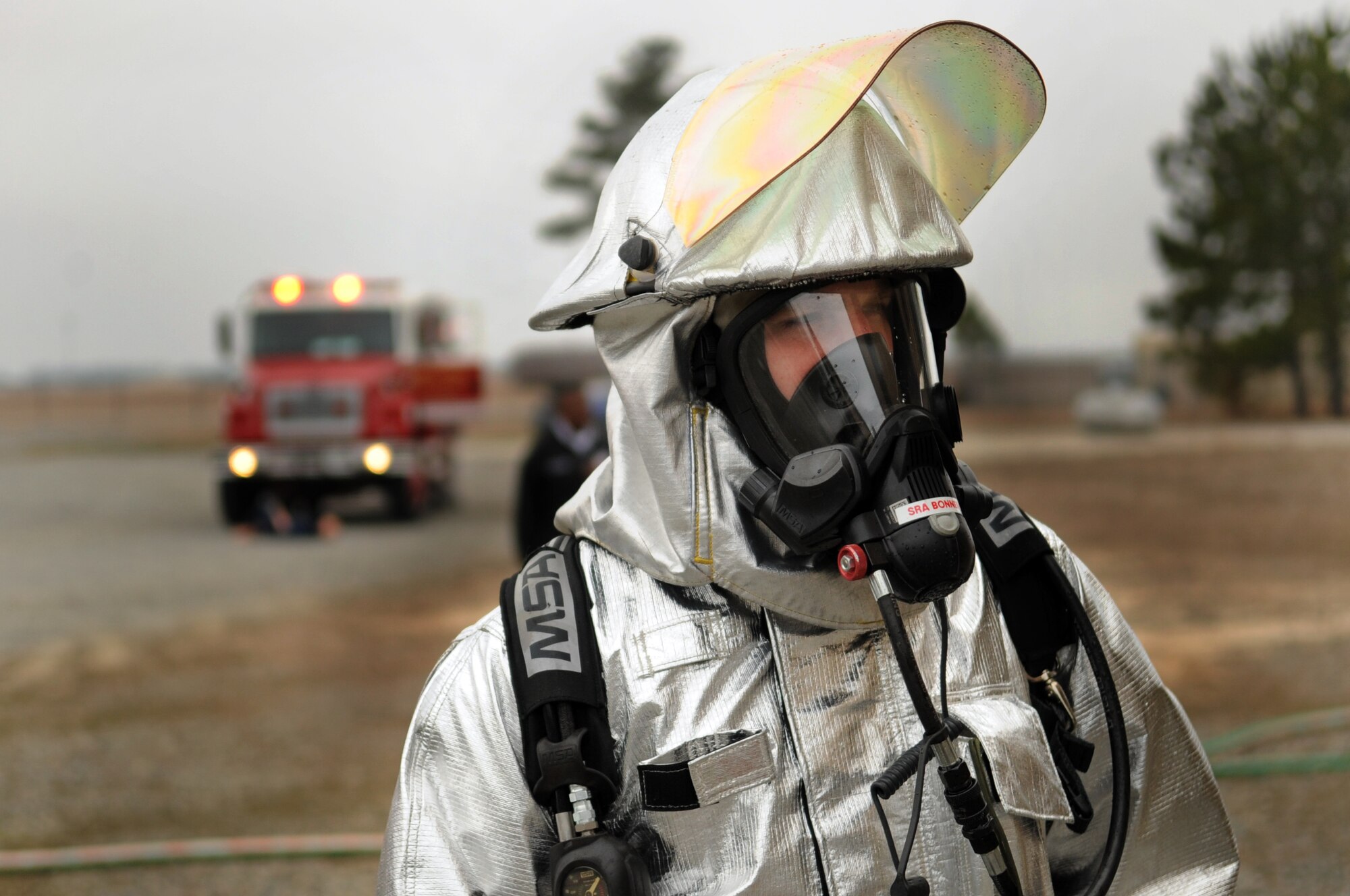 MOODY AIR FORCE BASE, Ga. -- Senior Airman Brian Bonner, 23rd Civil Engineer Squadron firefighter, takes a break after completing a structural exercise Feb. 17. The purpose of this exercise was to familiarize firefighters with house fires. (U.S. Air Force photo/Airman 1st Class Douglas Ellis)(RELEASED)
