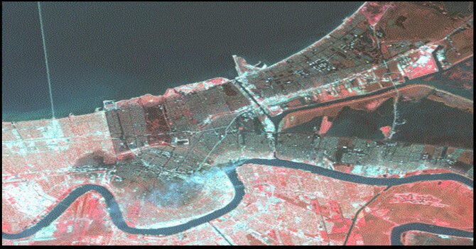 Eagle Vision provides rapid, high-quality imagery -- such as this taken in the aftermath of Hurricane Katrina -- often used by disaster response workers. NASA and the U.S. Department of the Interior honored the Electronic Systems Center-managed Eagle Vision program with the 2010 William T. Pecora award during a Pentagon ceremony Feb. 15, 2011. (Eagle Vision image)