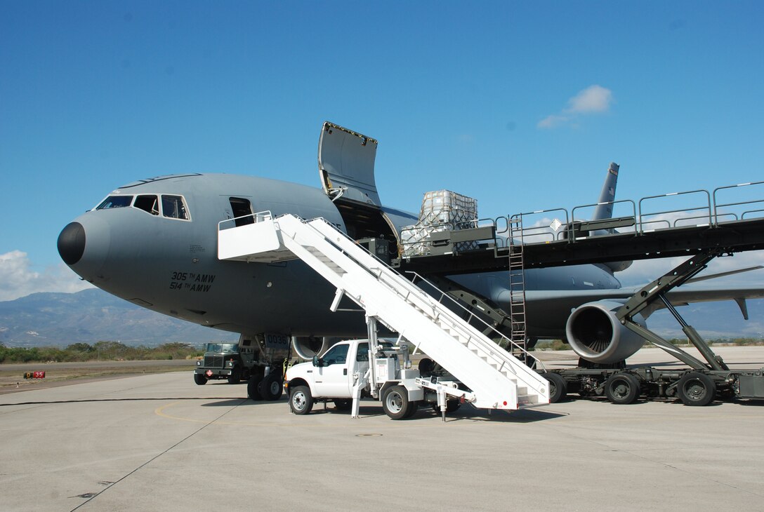SOTO CANO AIR BASE, Honduras - A KC-10 air to air refueling tanker from the 304th Air Mobility Wing at McGuire AFB, N.J., delivers 42,000-pounds of dontated items to the 612th Air Base Squadron here, Feb. 16.  The shipment will be turned over to Joint Task Force-Bravo Civil and Military Affairs for delivery to local charities.  JTF-Bravo contributes to regional stability and peace, which facilitates economic prosperity and growth.  (Air Force photo/Capt. John T. Stamm)