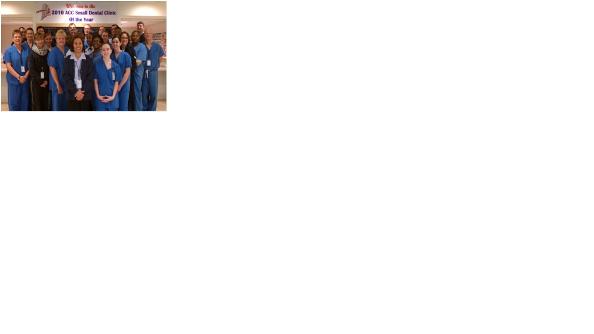 SEYMOUR JOHNSON AIR FORCE BASE, N.C. – Members of the 4th Medical Group Dental Clinic pose for a photo after learning they earned the title of 2010 Air Combat Command Small Dental Clinic of the Year. The staff of the 4th MDG proved they possess the knowledge and customer service skills to stand above their peers by capturing six 2010 ACC awards. (Courtesy photo) (RELEASED)