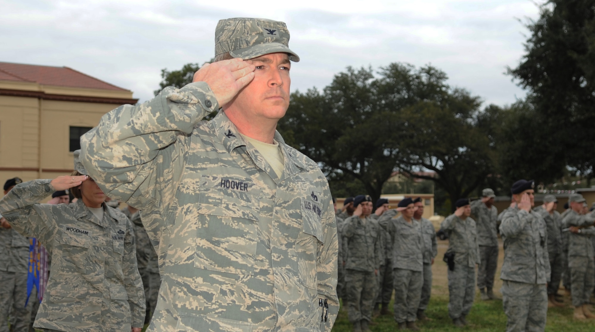 Lt. Col. Scott Hoover, 2nd Mission Support Group commander, renders a salute during retreat ceremony at the 2nd Bomb Wing Headquarters on Barksdale Air Force Base, La., Feb. 16. (U.S. Air Force photo/Senior Airman Alexandra M. Boutte) (RELEASED)