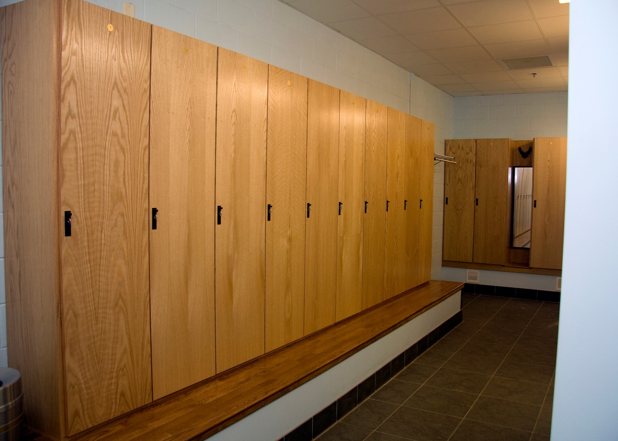 GRISSOM AIR RESERVE BASE, Ind. -- New wooden lockers were recently installed in the female locker room at the base fitness center. The new lockers, which were also installed in the male locker room, provide double the storage space to the user and replaced aging metal lockers that were originally installed when the facility was a child development center. (U.S. Air Force photo/Tech. Sgt. Mark R. W. Orders-Woempner) 
