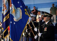 A joint color guard from the 502nd Air Base Wing, Joint Base San Antonio, performs during opening ceremonies of the Armed Forces Boxing Championships Feb. 15 at Lackland Air Force Base, Texas. (U.S. Air Force photo/Robbin Cresswell)