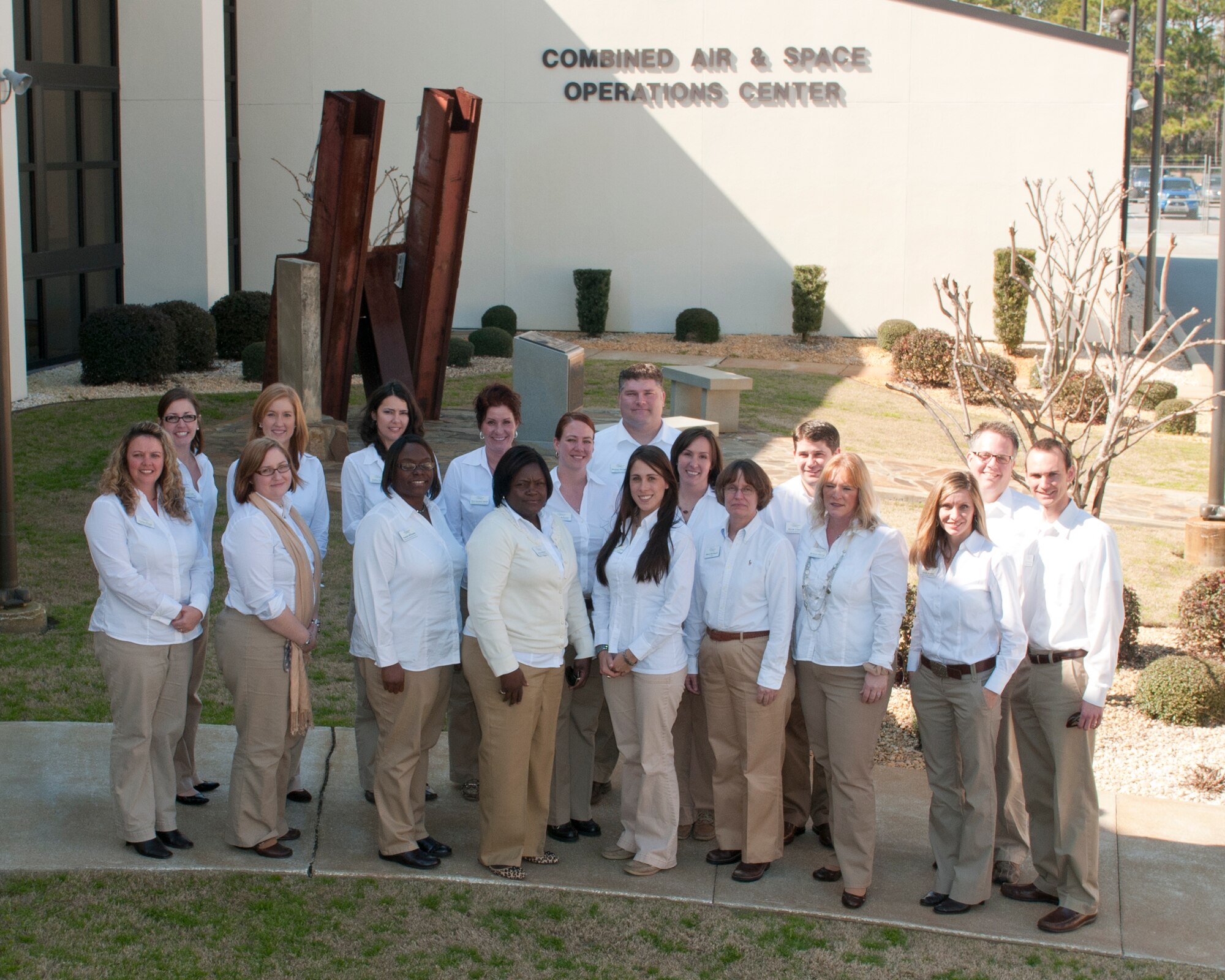 Participants in the Bay County Chamber of Commerce's 2010-11 Leadership Bay
Class toured the 601st Air and Space Operations Center as part of a day-long
orientation visit to Tyndall Air Force Base Feb. 16. Founded in 1983,
Leadership Bay is a community leadership development program sponsored by
the Chamber and composed of people from all parts of the community.  Its
mission is to cultivate a broadened network of well-informed leaders whose
strengthened commitment to community involvement will affect positive change
in Bay County. Program participants exchange ideas with other emerging
leaders and prepare to assume leadership positions in Bay County. 
Shown here in front of the 601st AOC's 9/11 memorial are:  Front row (L to
R): Irene Field, Heather Ricketts, Tamika Williams, Alice Walls, Rae Anne
Coutu, Mary Molinari, Renee Davis, Dede Rowan, Cory Proctor Back row from
(L-R): Melissa Sale, Jennifer Bowes, Julie Torres, Tara Catalano, Angela
Roberson, Kenny Douglas, Emily Davila, Richard Clark, Bryan Taylor (U.S. Air
Force Photo/Lisa Norman)