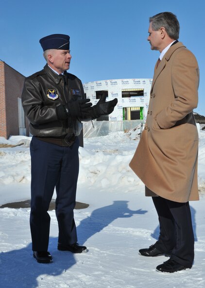 MINOT AIR FORCE BASE, N.D. -- Sen. John Hoeven, R-N.D., visits the missile procedures trainer,currently under construction, with Col. Fred Stoss, 91st Missile Wing commander, here Feb. 11.  This was his first visit since being elected to the Senate to discuss topics concerning Team Minot, including military construction and the Strategic Arms Reduction Treaty. (U.S. Air Force photo/Staff Sgt. Keith Ballard)