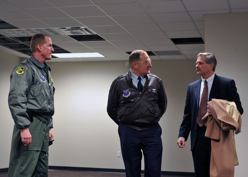 MINOT AIR FORCE BASE, N.D. -- Sen. John Hoeven, R-N.D., visits one of the many renovation projects on the base with Col. Doug Cox (pictured center), 5th Bomb Wing commander, and Col. Troy VanBemmelen, 5th Operations Group commander, here Feb. 11.  This was his first visit since being elected to the Senate to discuss topics concerning Team Minot, including military construction and the Strategic Arms Reduction Treaty. (U.S. Air Force photo/Staff Sgt. Keith Ballard)