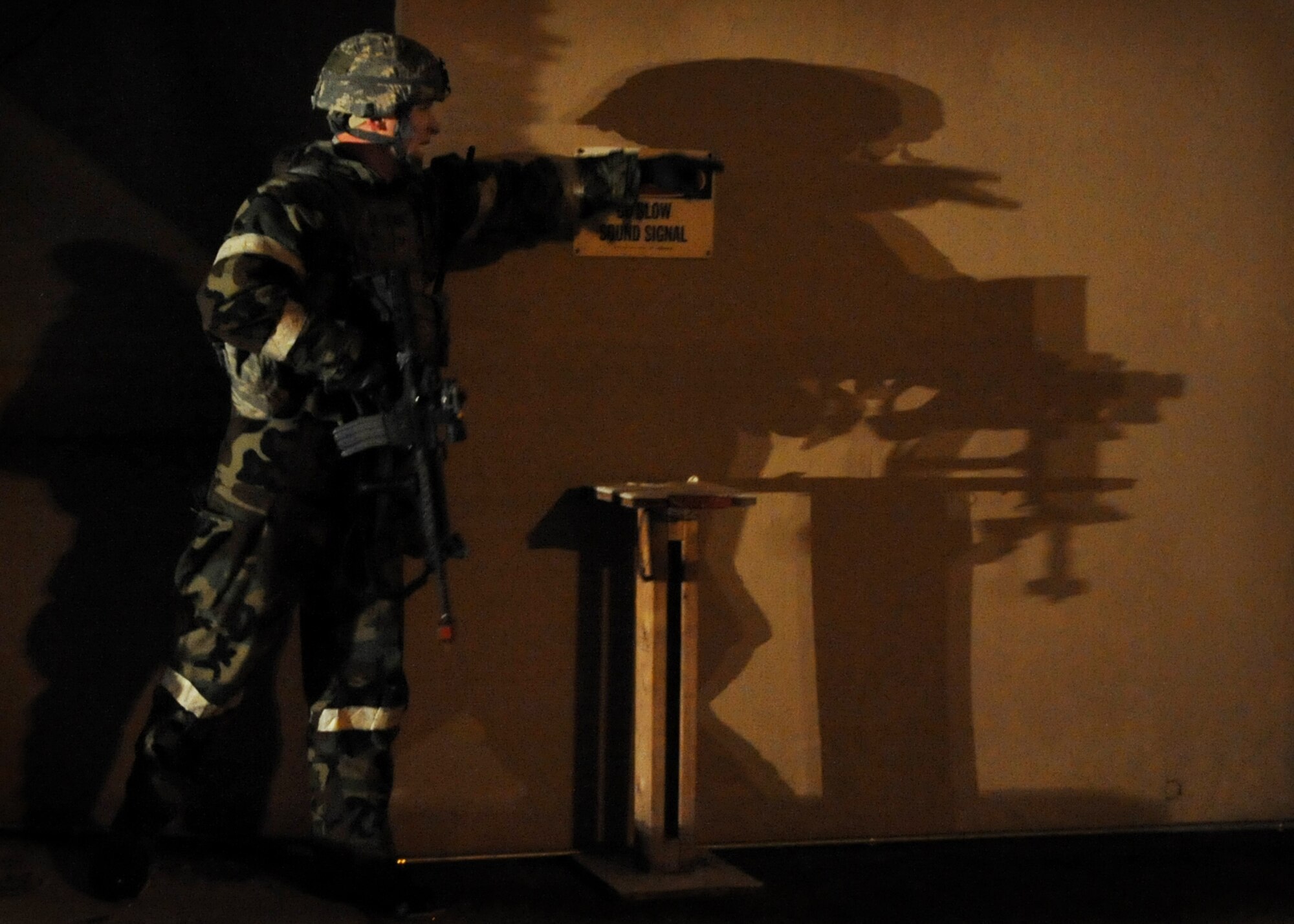 A 51st Security Forces Squadron Airman clears out the hospital after simulated scenario during Operational Readiness Exercise Beverly Midnight Feb. 17 at Osan Air Base, Republic of Korea.  The scenario helped demonstrate the ability to properly defend against an opposing force attack. (U.S. Air Force Photo/Senior Airman Evelyn Chavez)